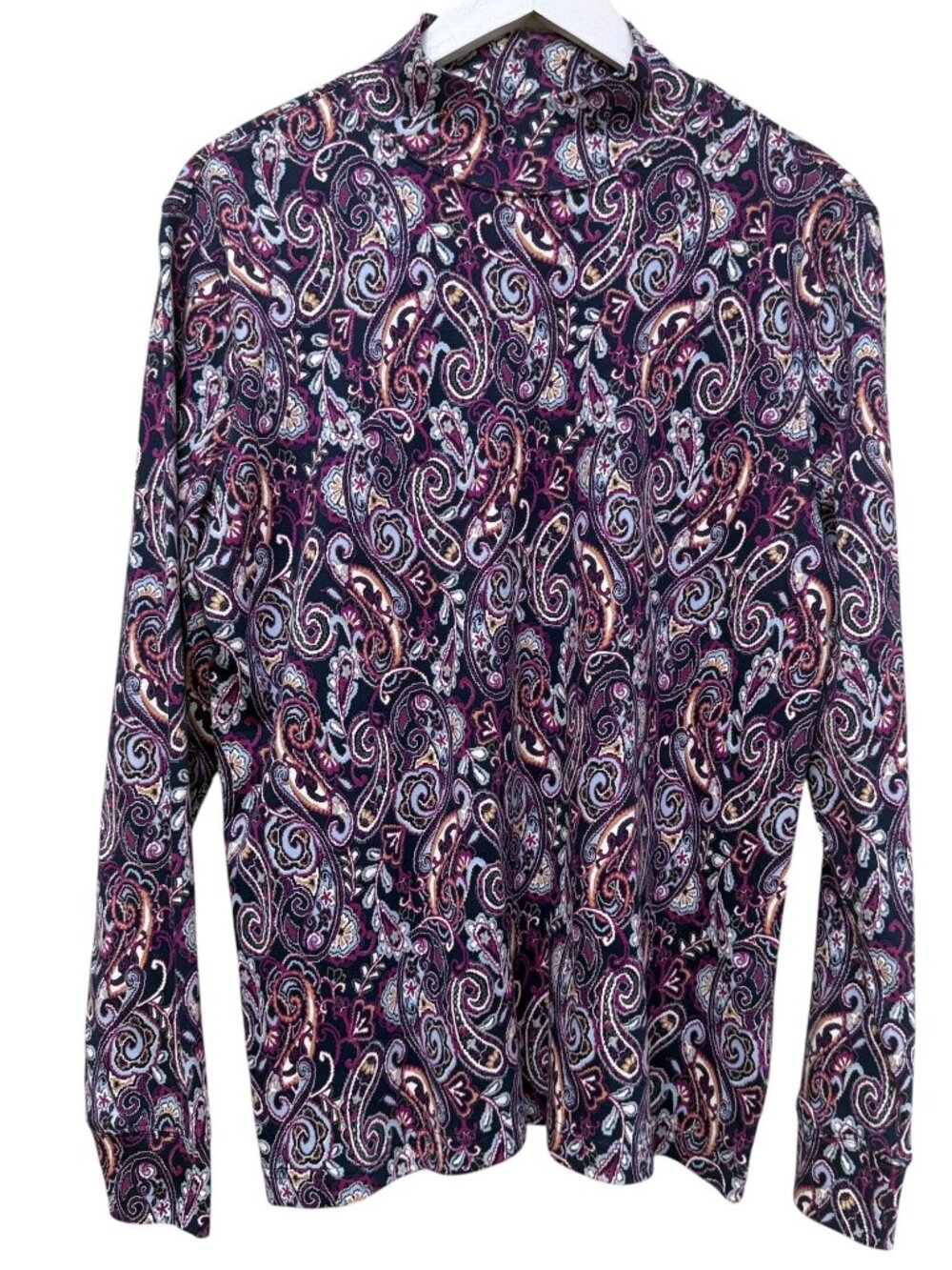 LANDS END Paisley Turtleneck Top Medium Mock Neck Cotton Navy Blue Purple